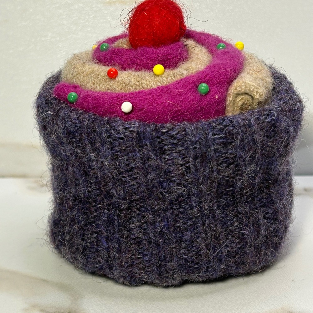 Handmade Wool Felt Cupcake Pincushion Purple Magenta Sewing Craft Accessory